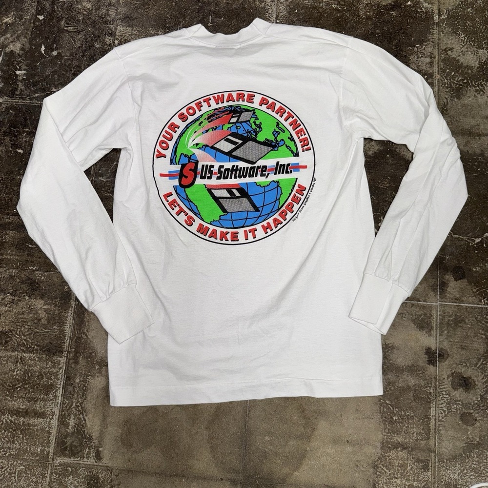 Vintage 90s Computer Software Promo Long Sleeve Shirt Single Stitch Medium White